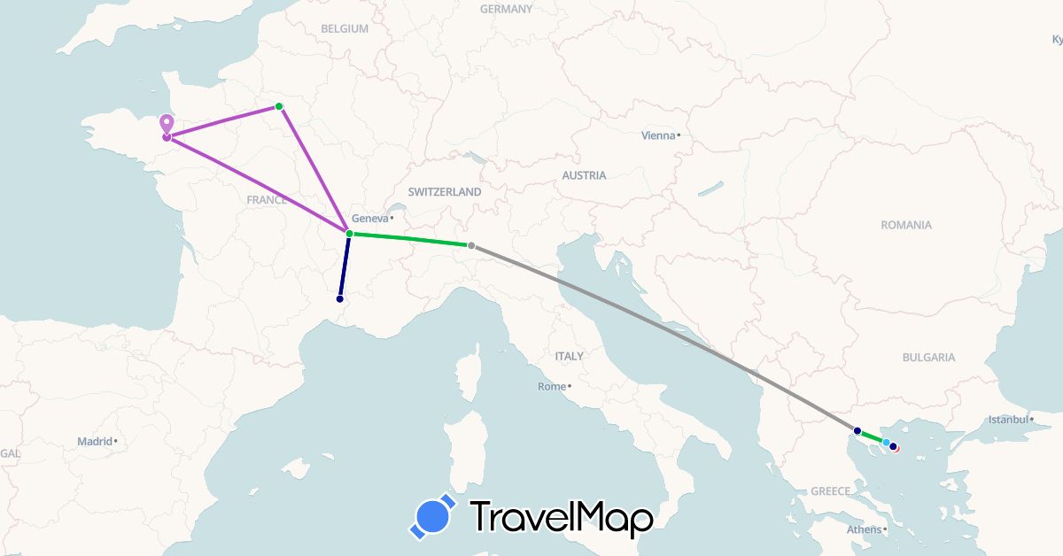 TravelMap itinerary: driving, bus, plane, train, hiking, boat in France, Greece, Italy (Europe)